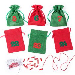 Adventskalender Jutesäcke, Größe 12 x 15 cm - grün und rot + rote und grüne Zahlen Weihnachtsbeutel