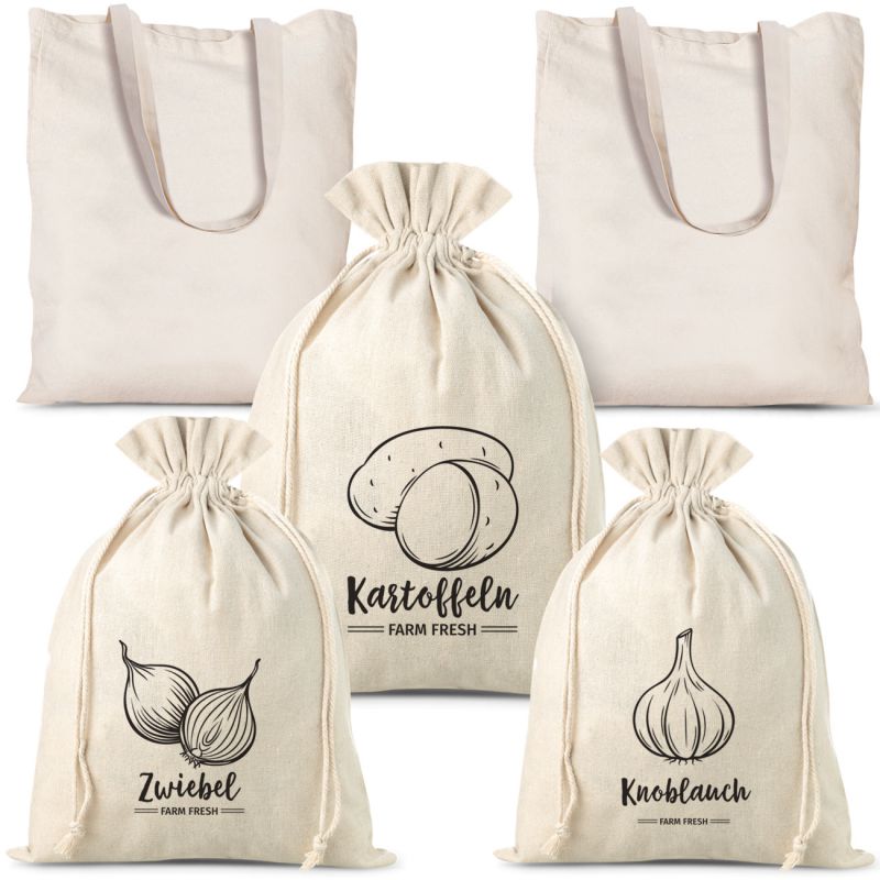 Set bestehend aus Säckchen für Gemüse à la Leinen (3 Stk.) und Einkaufstaschen aus Baumwolle (2 Stk.) Baumwolltaschen