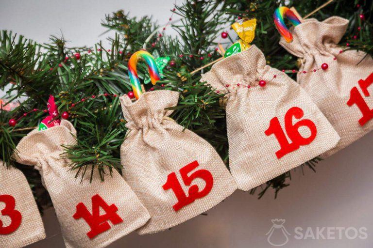 Sweet gifts in an Advent calendar made of bags