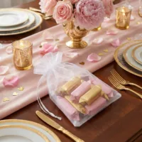 Organzabeutel gefüllt mit Süßigkeiten auf einem Hochzeitstisch.