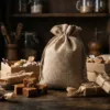 Jutesäckchen gefüllt mit Süßigkeiten und Karamellbonbons.