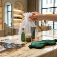 Organzabeutel in Weiß als elegante Verpackung für ein Spa-Kosmetikset.