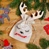 Jutesäckchen 13 x 18 cm- Weihnachten + Holzkugel mit Hörnern Jutesäckchen