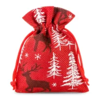 Jutesäckchen 10 x 13 cm - rot / Rentier Weihnachtsbeutel