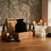 Ätherische Öle und Massagezubehör verpackt in stilvolle schwarze Samtbeutel.