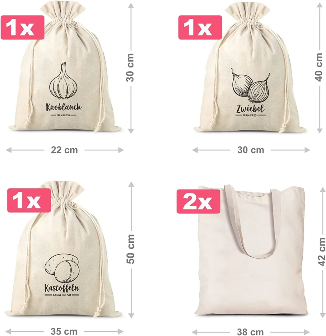 Set bestehend aus Säckchen für Gemüse à la Leinen (3 Stk.) und Einkaufstaschen aus Baumwolle (2 Stk.) Garten und Zimmerp