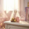 Organzabeutel mit dekorativem Inhalt im Kinderzimmer platziert.