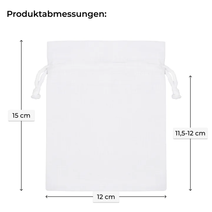 Abmessungen weißes Baumwollsäckchen: 12x15 cm mit Kordelzug – ideal für Gastgeschenke.