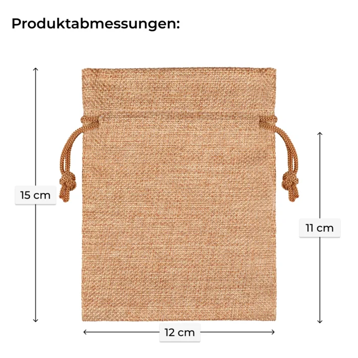 Produktabmessungen kleiner Stoffbeutel 12x15 cm mit Kordelzug Detailansicht