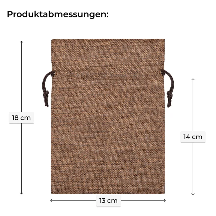 Abmessungen für braune Jutebeutel 13x18 cm mit Kordelzug-Verschluss