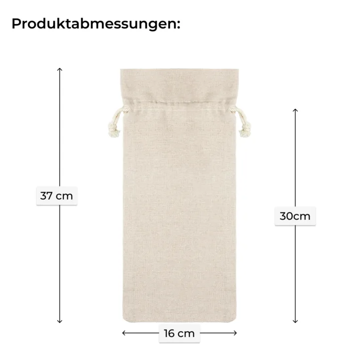Produktabmessungen für große Weinflaschenbeutel 16x37 cm aus Stoff