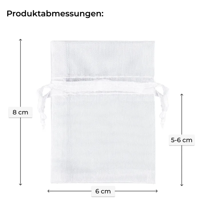 Weißes Organzasäckchen 6x8 cm – Produktabmessungen für Schmuckverpackung und Gastgeschenke.