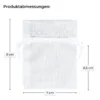 Produktabmessungen eines weißen Organzasäckchens: 7 cm x 9 cm