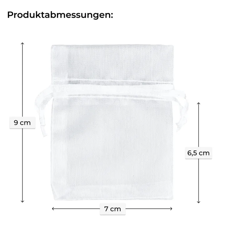 Produktabmessungen eines weißen Organzasäckchens: 7 cm x 9 cm
