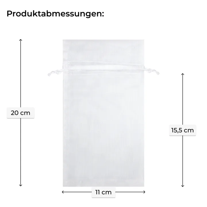Produktabmessungen weißes Organzasäckchen 11x20 cm mit Kordelzug Maßangaben