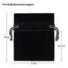 Produktabmessungen des schwarzen Samtbeutels: 8 cm Höhe und 6 cm Breite mit Kordelzug.