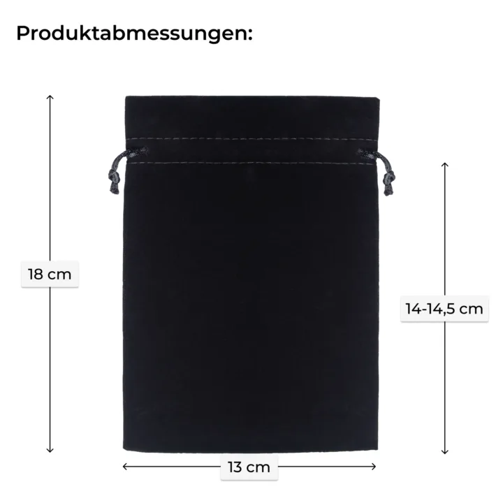 Schwarzer Samtbeutel 13x18 cm Produktabmessungen.