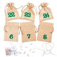 Adventskalender Jutesäckchen 13 x 18 cm - hellbraun + grüne Zahlen Weihnachtsbeutel