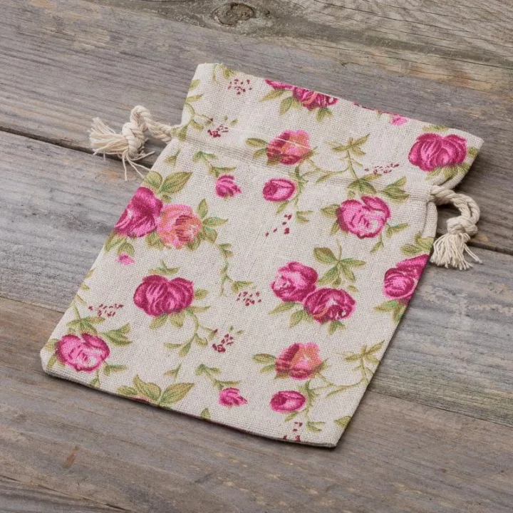 Säckchen à la Leinen mit Druck 13 x 18 cm - naturfarbe / Rosen Leinensäckchen