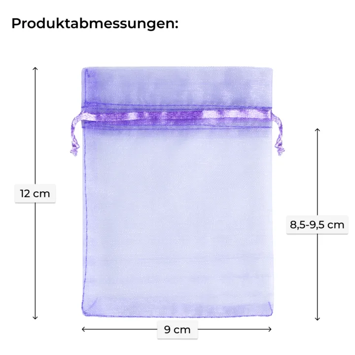 Kleines Organzasäckchen in Lila mit Hochzeitsmandeln und Kordelzug aus Satinband.