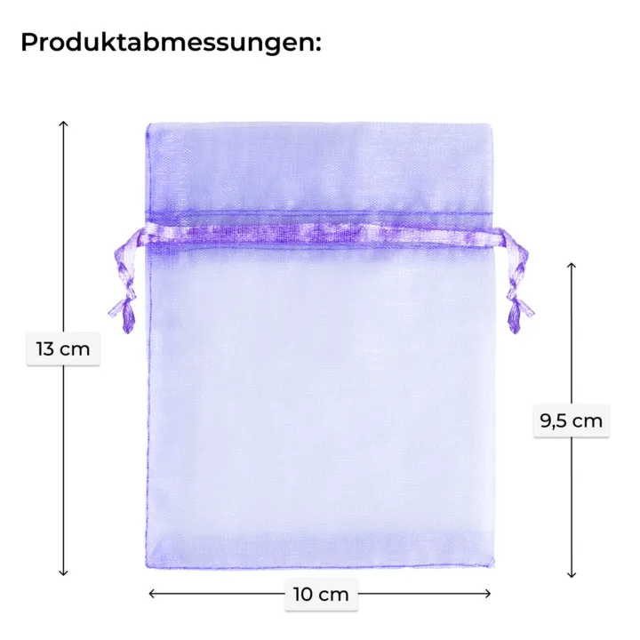 Lilafarbenes Organzasäckchen 10x13 cm – Abmessungen für größere Geschenke und Dekoration.