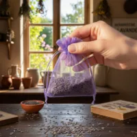 Organzabeutel in Lila gefüllt mit getrocknetem Lavendel – ideal als Duftsäckchen für den Schrank.