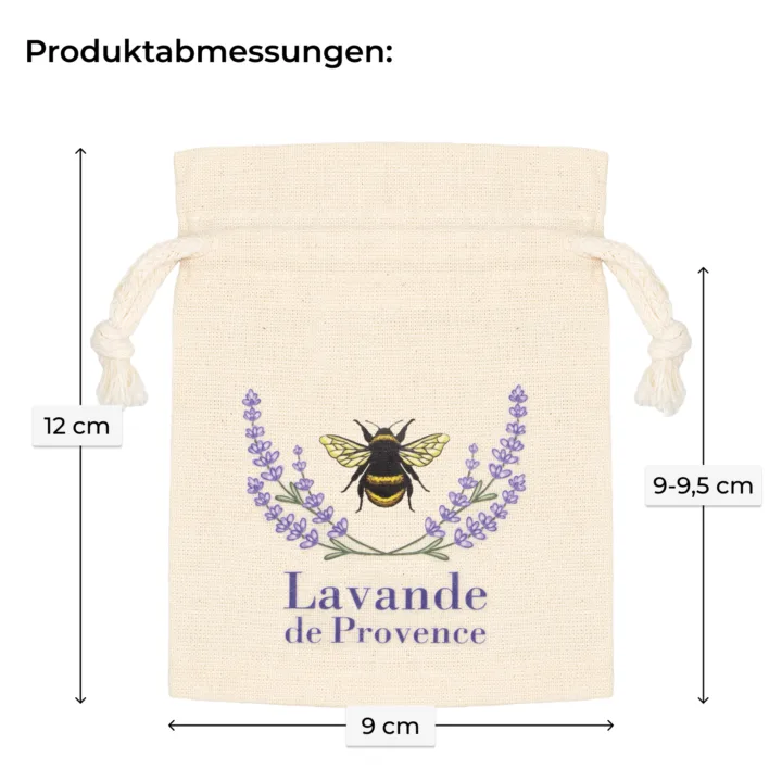 Produktabmessungen des Lavendelsäckchens aus Baumwolle: 9 cm x 12 cm