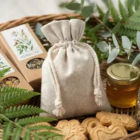 Leinen Säckchen mit Geschenkset, Honigglas und Naturdekoration, stilvolle Geschenkverpackung
