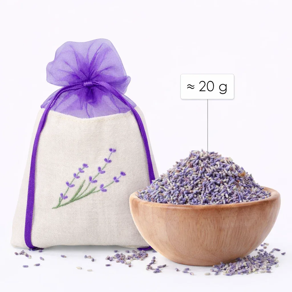 Leere Säckchen für Lavendel aus Baumwolle und Organza mit Lavendelstickerei, daneben ca. 20 g getrockneter Lavendel als Füllbeispiel.
