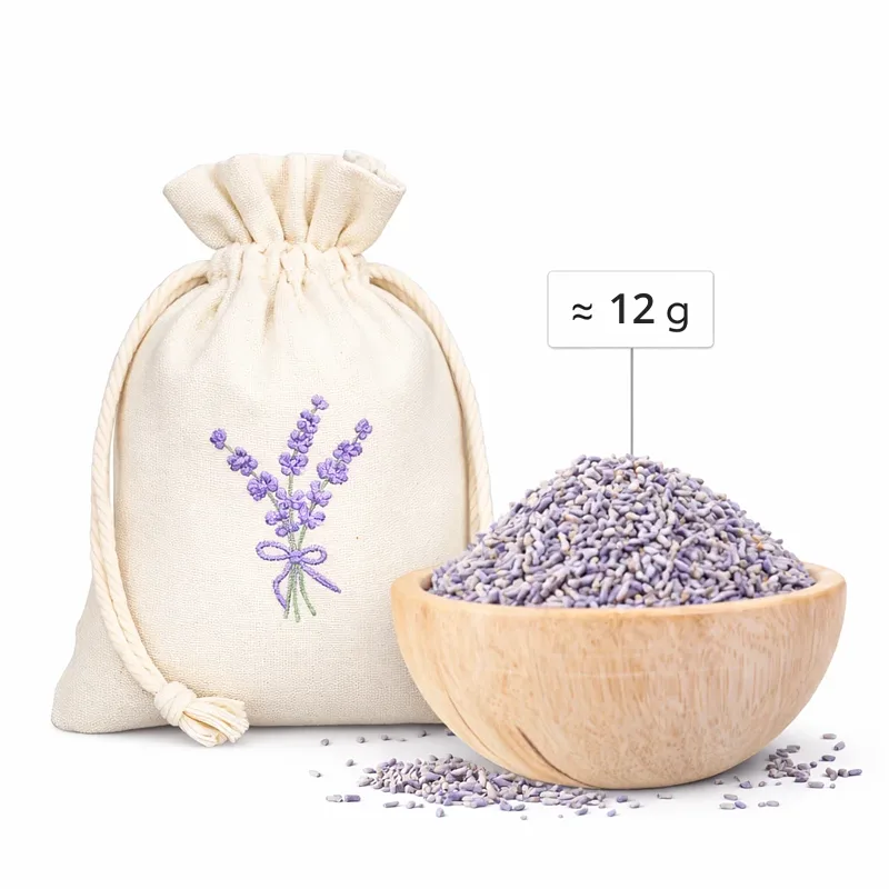 Baumwollsäckchen 9 x 12 cm mit Lavendelstickerei, Verpackung für ca. 12 g getrockneten Lavendel.