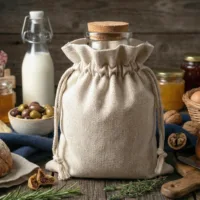 Leinen Säckchen zur Aufbewahrung von Gläsern und Lebensmitteln auf einem Holztisch in der Küche
