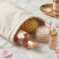 Leinensäcke mit Pflegekosmetik auf einer Marmoroberfläche