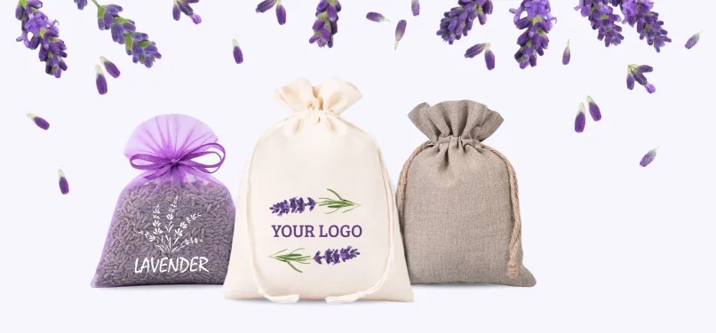Personalisierte Lavendelbeutel aus Organza, Baumwolle und Leinen mit eigenem Logo.