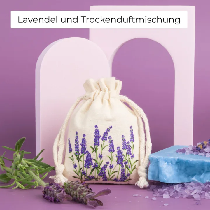 Baumwollbeutel mit Lavendeldruck, ideal für Trockenduftmischung und als Duftsäckchen.