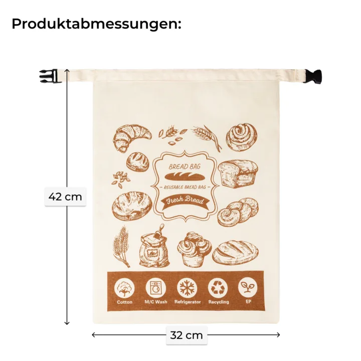 Baumwoll-Brotbeutel mit Maßangaben 32 cm Breite und 42 cm Höhe sowie Klickverschluss.