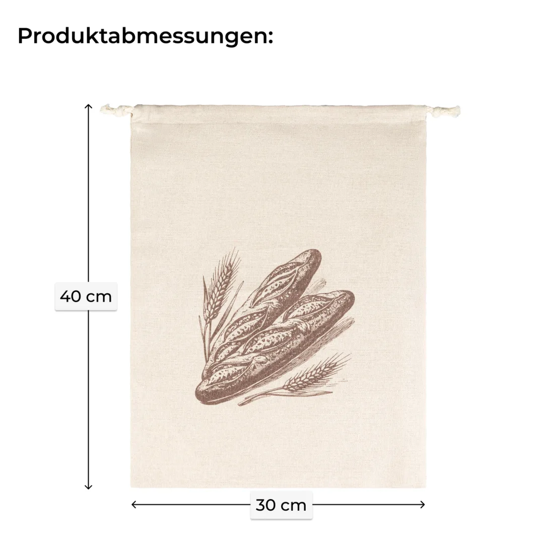 Wiederverwendbarer Brotbeutel in Leinenoptik mit Maßangaben 30 cm Breite und 40 cm Höhe.