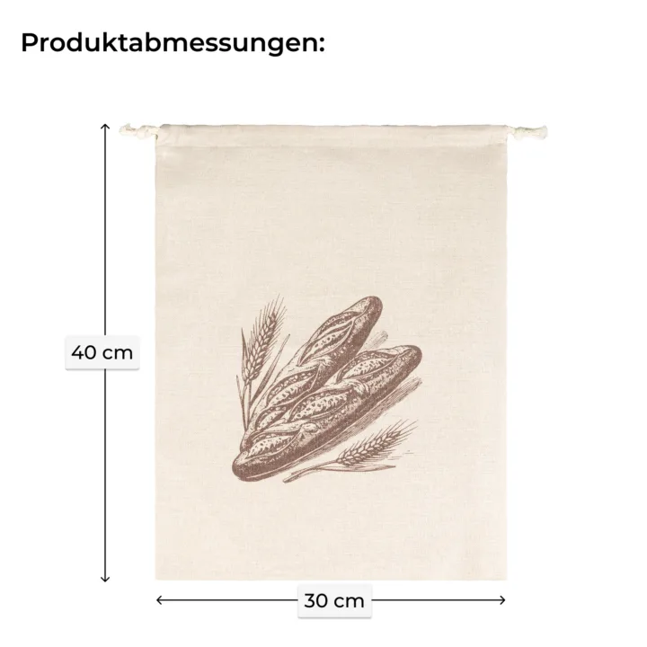 Wiederverwendbarer Brotbeutel aus Leinen mit Maßangaben 30 cm Breite und 40 cm Höhe.